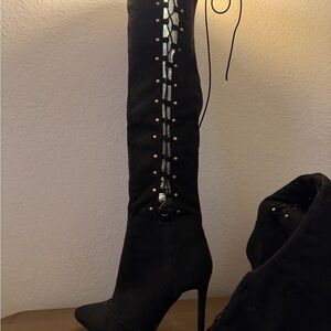 Forever 21 Black Over the Knee Boots with Silver Accents
